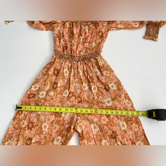 Spell Anne Smocked wide leg jumpsuit XS Peach antique floral off shoulder cotton - Picture 7 of 14